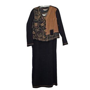 C.M. Shapes Jacket & Maxi Dress Set Black Gold Trim Patchwork Boho Y2K Retro